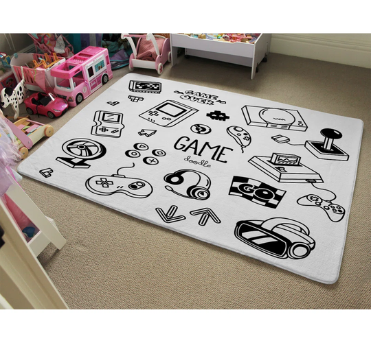 Jewett Game Doodles Designer Shaggy Black/White Rug