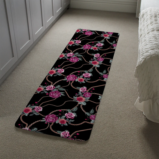 Lagunas Chain and Flowers Pattern Designer Shaggy Black/Pink/Grey Rug