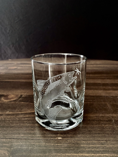 Hand Engraved Fish & Fly On A Double Old Fashioned Glass With Indentions For Easy Holding. Great Cocktail 12.5Oz Capacity