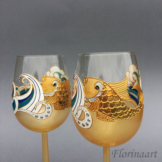 Gold Fish Glasses, Beach Wedding Anniversary Wine Glasses