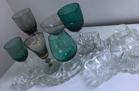 Mismatched Green Smokey Brown Digestif Aperatif Sherry Port Liquor 6 Glass Pressed 1030 Vanity Tray 2 Candlesticks Retro Kitch Vintage