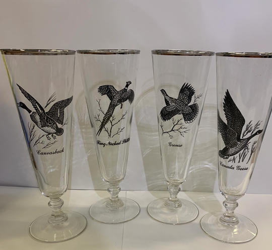 Pilsner Glasses, Set Of 4, Beer Silver Trim North American Game Birds, Canadian Goose, Ring Necked Pheasant, Canvasback, & Grouse