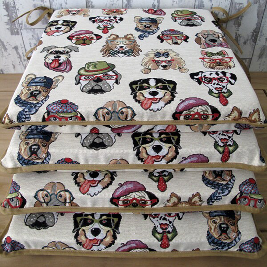 Tapestry Dogs Square Seat Pads, Chair Multi Colour Humorous Square Kitchen Chair Cushion. Bistro, Bar, Patio Seat Pad Set Of 4, 6 Or 8