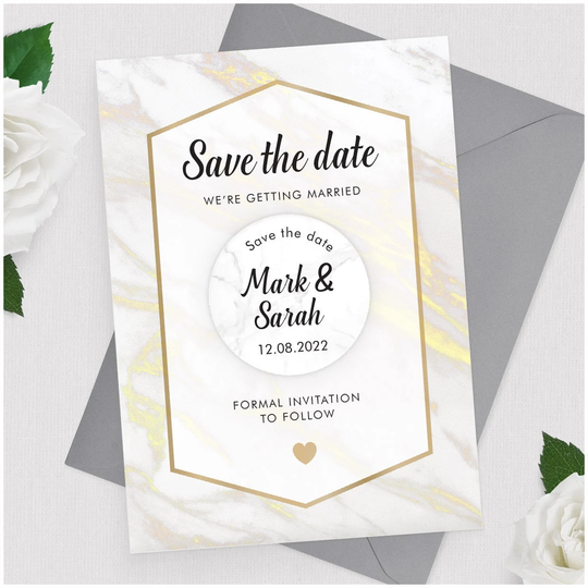 Gold Marble Save The Date Fridge Magnet - Personalised Invitation Modern Wedding Cards Magnets Envelope