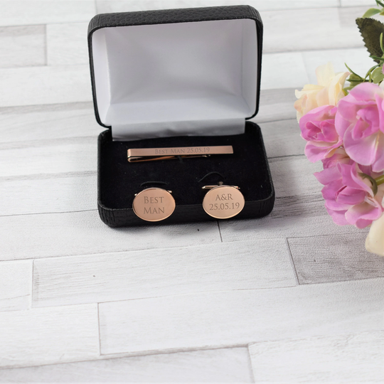 Mens Personalised Custom Rose Gold Engraved Tie Slide & Cufflink Set - Clip Bar & Cufflinks -Wedding Birthday Gift