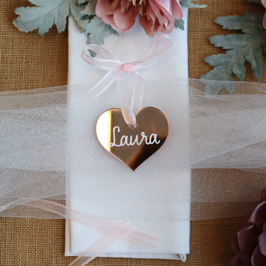 Rose Gold Acrylic Heart Place Setting | Wedding Theme Guest Name Settings Table Plan Boho Mirror Names