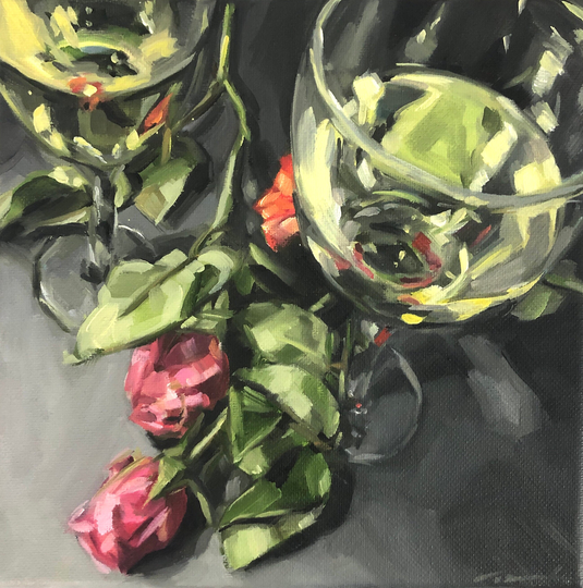 Painting/8" X Oil Floral Art/ Wine Original Art On Canvas Still Life Dramatic "Wine For Two