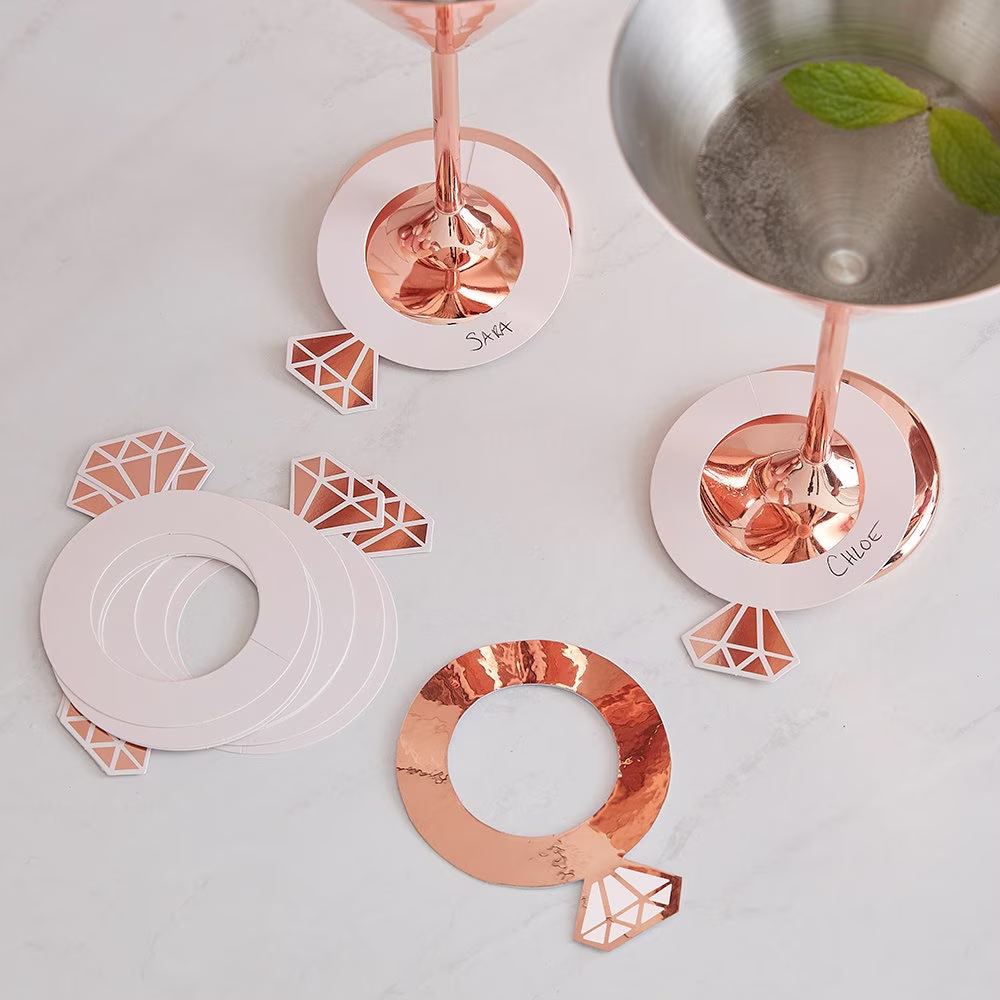 10 Rose Gold Ring Shaped Drink Markers, Cocktail Charms, Place Cards, Wine Glass Drinks Toppers, Hen Party, Bridal Shower