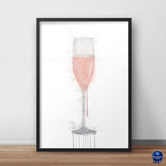 Rose Champagne Flute Glass Print, Watercolour Splash Wall Art, Kitchen, Dining, Bar, Home Decor, Poster, A5, A4, A3, A2 Sizes