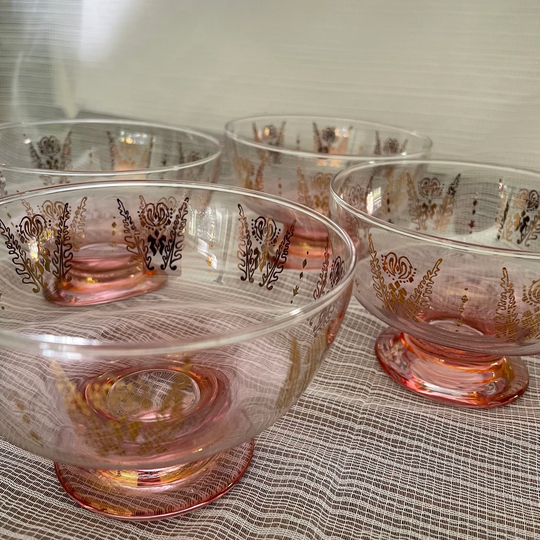 4 X Vintage Crown Corning(Australia Glass Dessert Coupès in Pink & Gold | Set Of 4