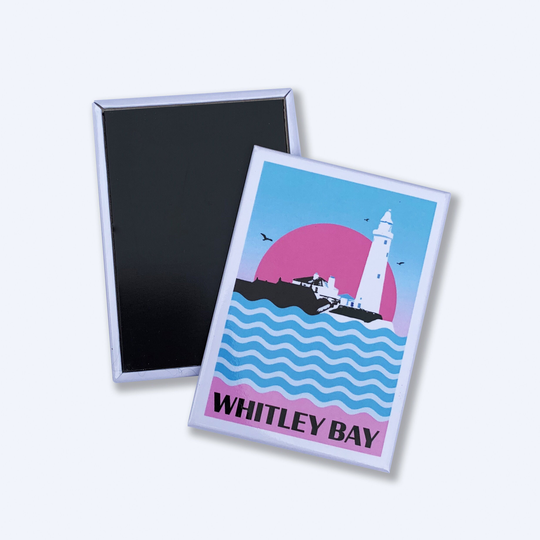 Whitley Bay Retro Style Fridge Magnet Souvenir, St Mary's Lighthouse Print, North East Newcastle Upon Tyne Wall Art, England UK Tourist