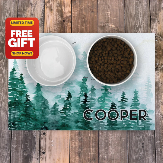 Personalized Pet Mat, Dog Cat Bowl Forest Nature Placemat, Feeding Custom Gift Food Mat Pm32