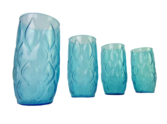 Vintage Blue Glass Tumblers - Mid Century Glasses Drinking 1960's Quilted Diamond Set 4, Anchor Hocking Madrid