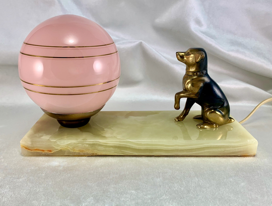 Vintage French Art Deco Spelter German Shepherd Alsatian Dog Table Lamp On Marble Base Signed Tedd