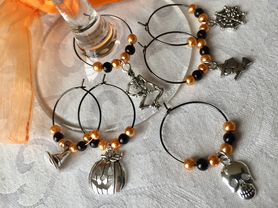 Halloween Wine Glass Charms X 6 With Black Rings Gothic Table Decoration