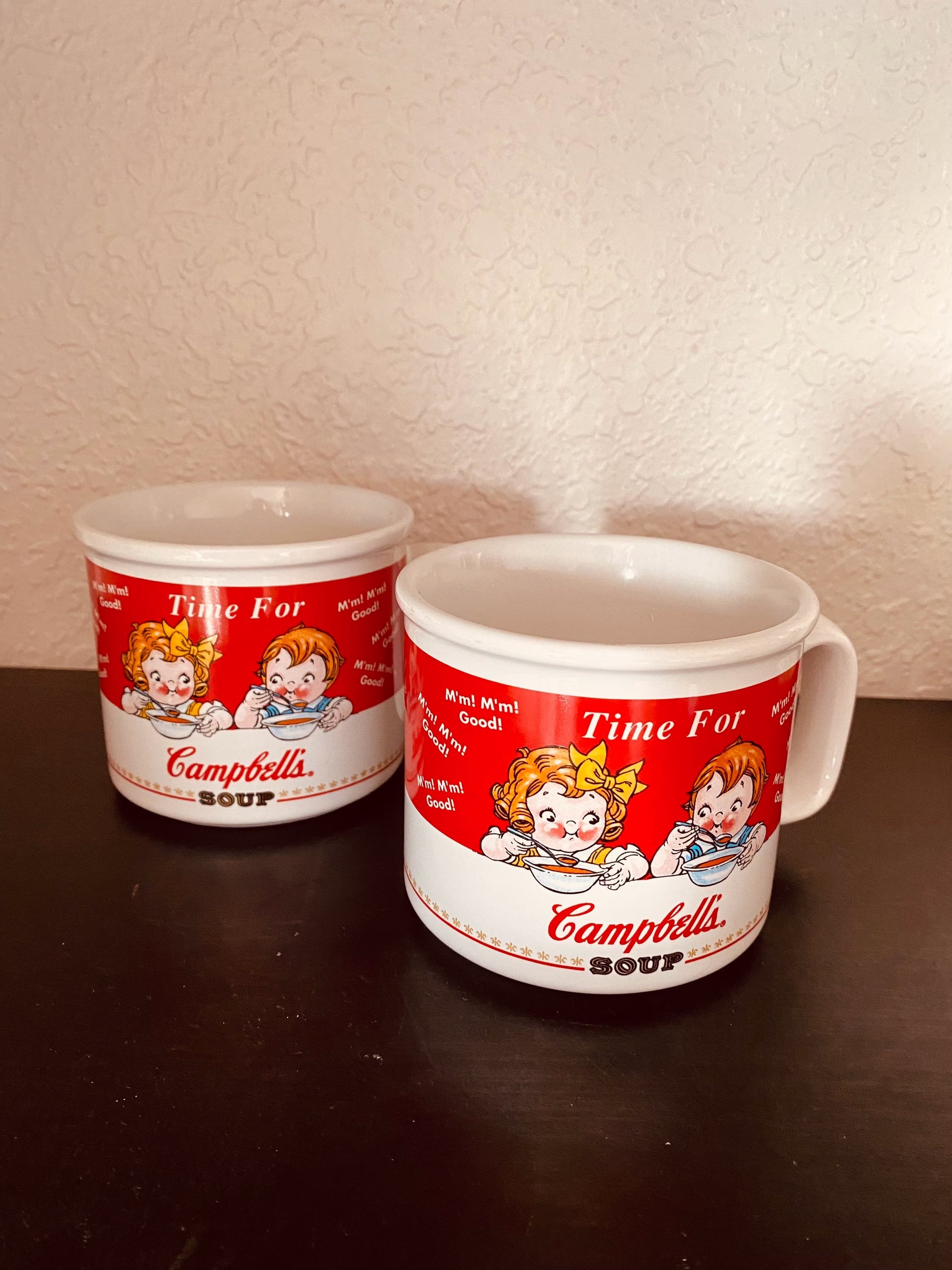 Set Of Two Advertisement, Time For Campbell's 1998 Campbell Homestyle Soup Company Mugs, Red White Bowls, Winter