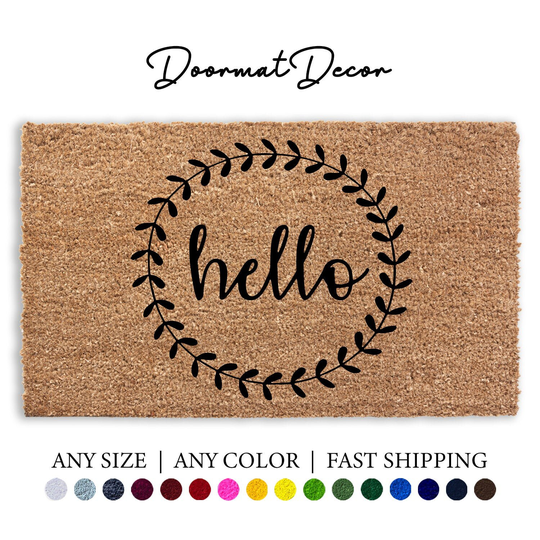 Hello Floral Wreath Doormat, Flocked Coir Door Mat, Hi Rug, Outdoor Welcome Personalized Custom Client Gift