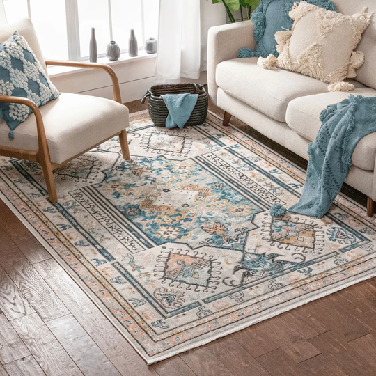 Indira Valeria Vintage Medallion Tufted Blue/Beige Rug