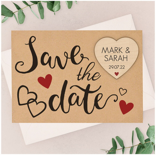 Modern Wedding Save The Date Magnets - Personalised Wooden Heart Fridge Magnet Spring Summer Kraft Calligraphy