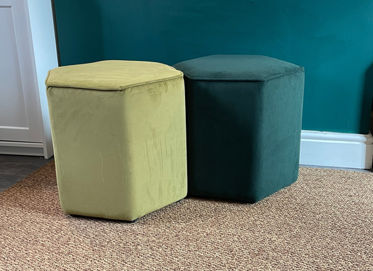 Geometric Hexagon Footstool- Velvet Vanity Seat - Fabric Stool Warwick Fabrics Moss Green Nesting Footstool Ottoman Bar