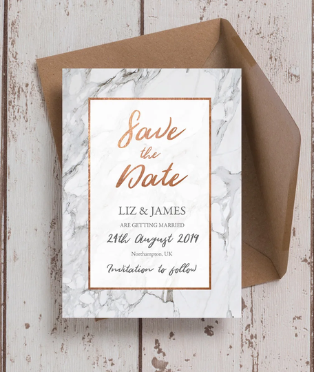 Grey Marble & Copper Wedding Save The Date Cards & Envelopes