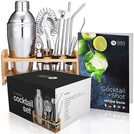 13 Piece Cocktail Making Shaker Kit with Wooden Stand & Recipe Book Gift Set