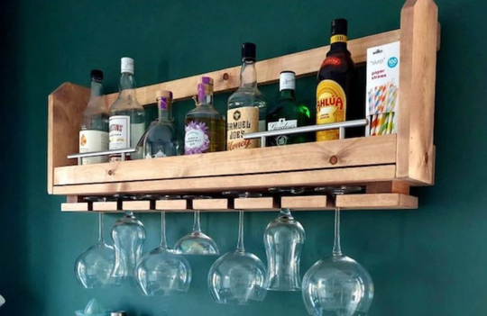 Wall Mounted Garden Bar Pine Handcrafted Drinks Rack Home With Glass & Bottle Shelf Detailing Chrome To Front 20mm Solid