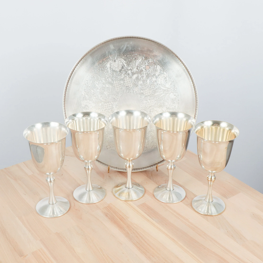 5 Silver Plated Wine Glasses/Goblets With Serving Tray || Floral Design Pattern On Tray