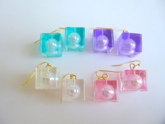 Transparent Ice Cube With Pearl Inside Earrings, Four Colors, E232