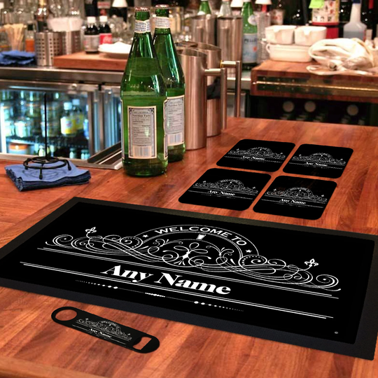 Personalised Bar Runner Mat, Matching Bottle Opener & 4 X Drinks Coasters Gift Set|Accessories For Home Bars|Brs-Ra816-1|Add Any Name/Text