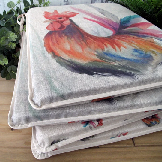 Set Of 4, 6 Or 8 Rooster Reversible Tapered Seat Pads, Chair Multi Colour Tapered Kitchen Chair Pad, Bistro, Bar. Large Print
