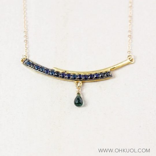 Gold Black Spinel Bar Necklace, Green Tourmaline, Pendant