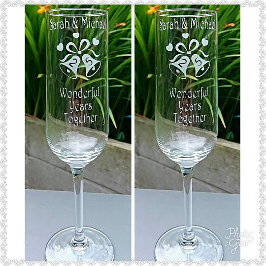 Pair Of Engraved Anniversary Champagne Flutes - Silver, Golden, Ruby New Handmade, Glasses