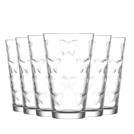 Hi Ball Glasses Water Juice Highball Tumbler Glass 325ml - Butterfly - Set of 6