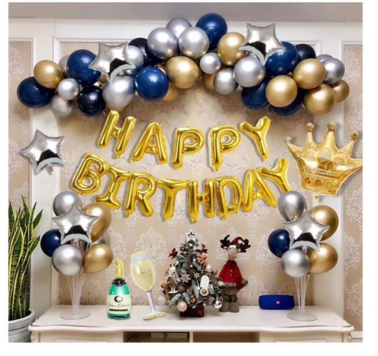 Birthday Party Decorations Blue Silver & Gold Balloons For Boys Happy Banner Crown Champagne Decor