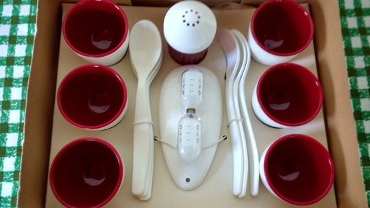 Original Vintage 50S/60S Emsa W. Germany Plastic Egg Cup Set - Unused in Box Cups, Timer, Spoons, Salt Shaker Red/White