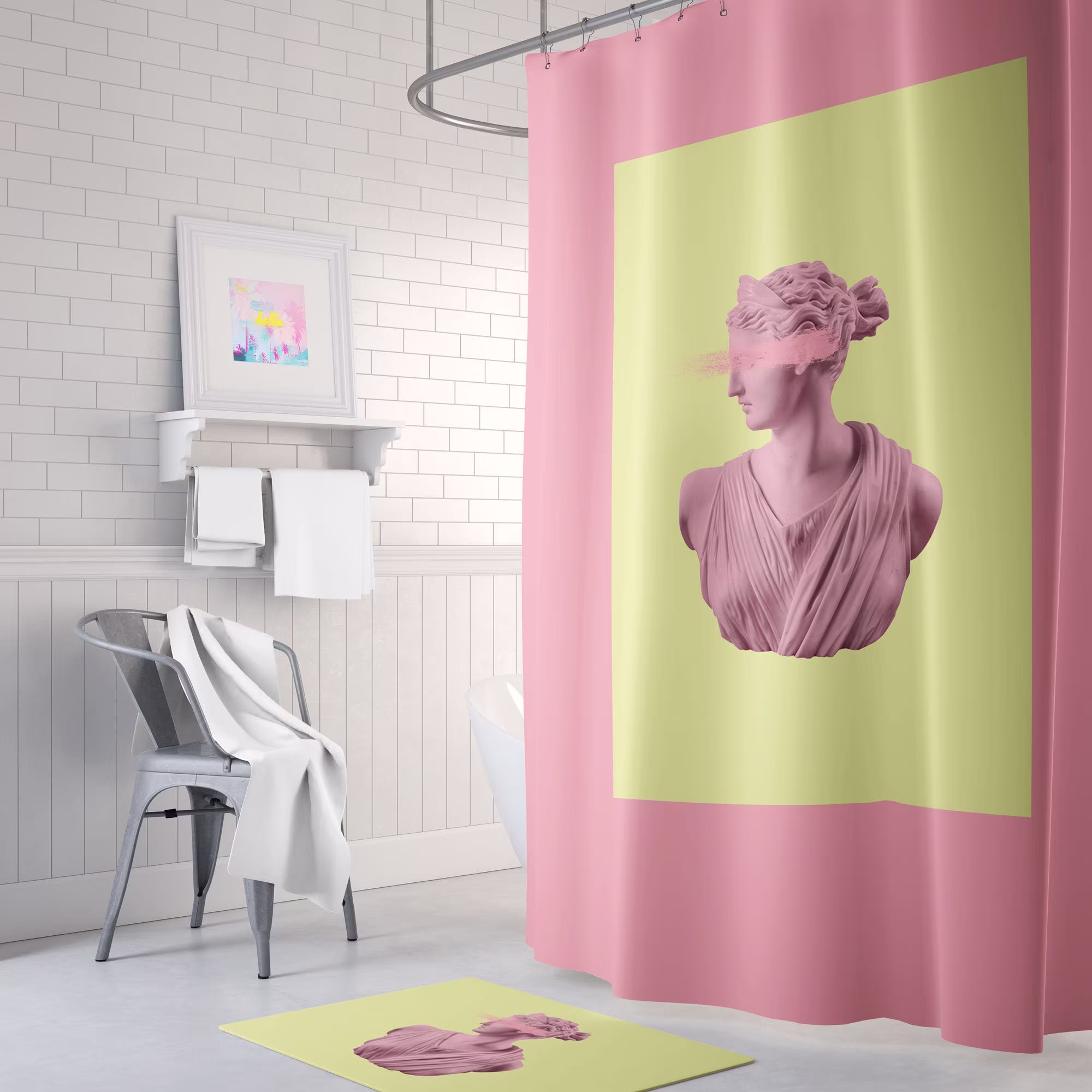 Goddess Shower Curtain, Pink Statue Bust Decor, Bathroom Greek Style Decor