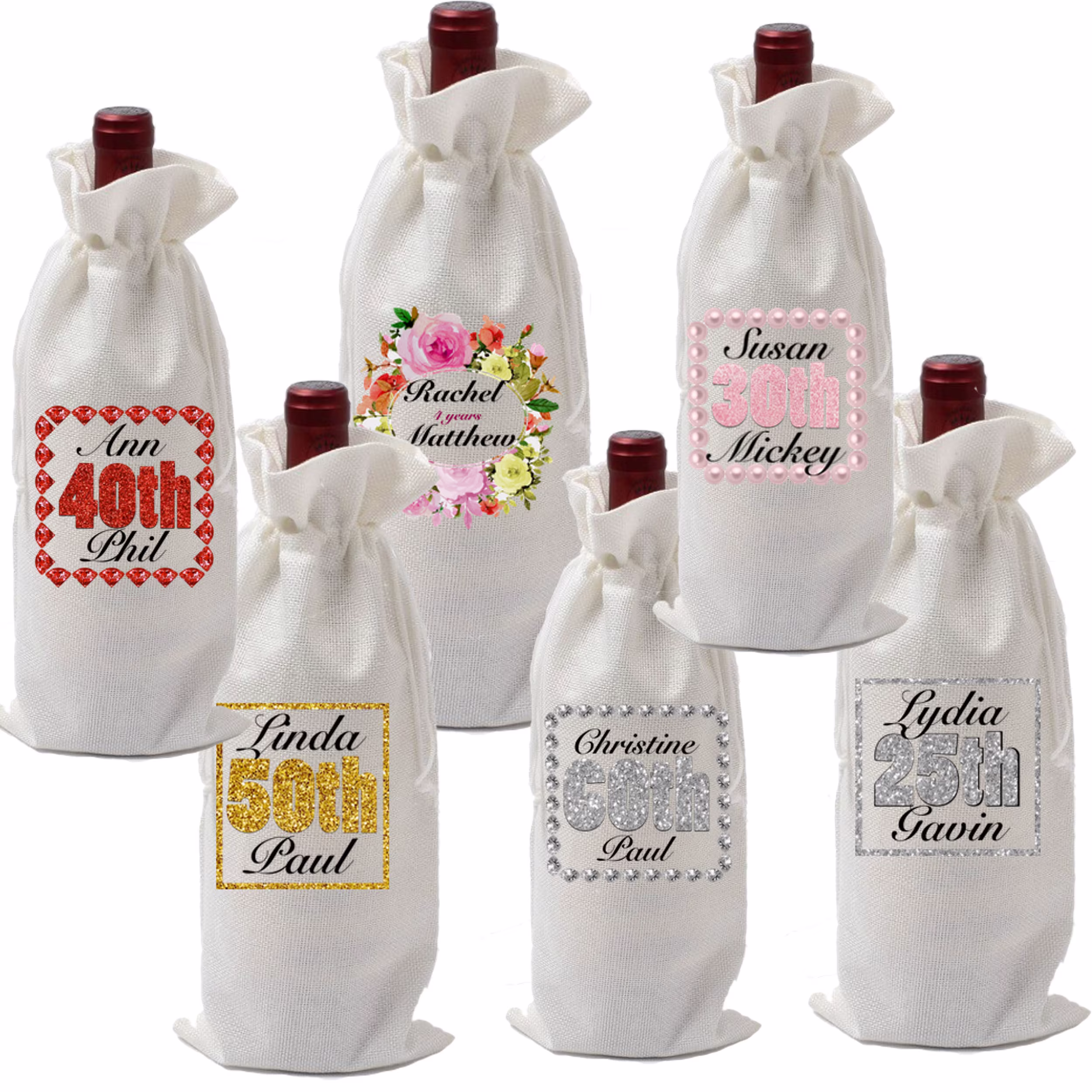 Personalised Wine Bottle Bag - Anniversary 25Th 30Th 40Th 50Th 60Th Wedding Ruby Diamond Golden Silver Milestone Gift Jute Burlap