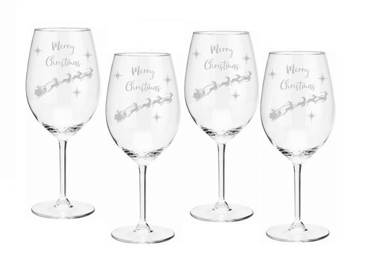Set Of 4 Christmas Wine Glasses, Laser Engraved, Merry Glass, Mulled Wine, Gift Idea