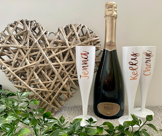 Personalised Champagne Prosecco White Plastic Flute. Hen Party, Wedding Morning, Girls Bridesmaid Gift