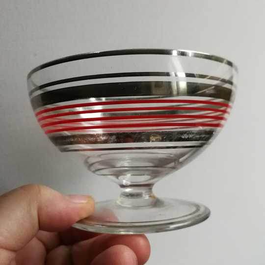 Vintage Glass Champagne Coupe Or Sundae Dish Art Deco Red Striped Banded Bar Ware
