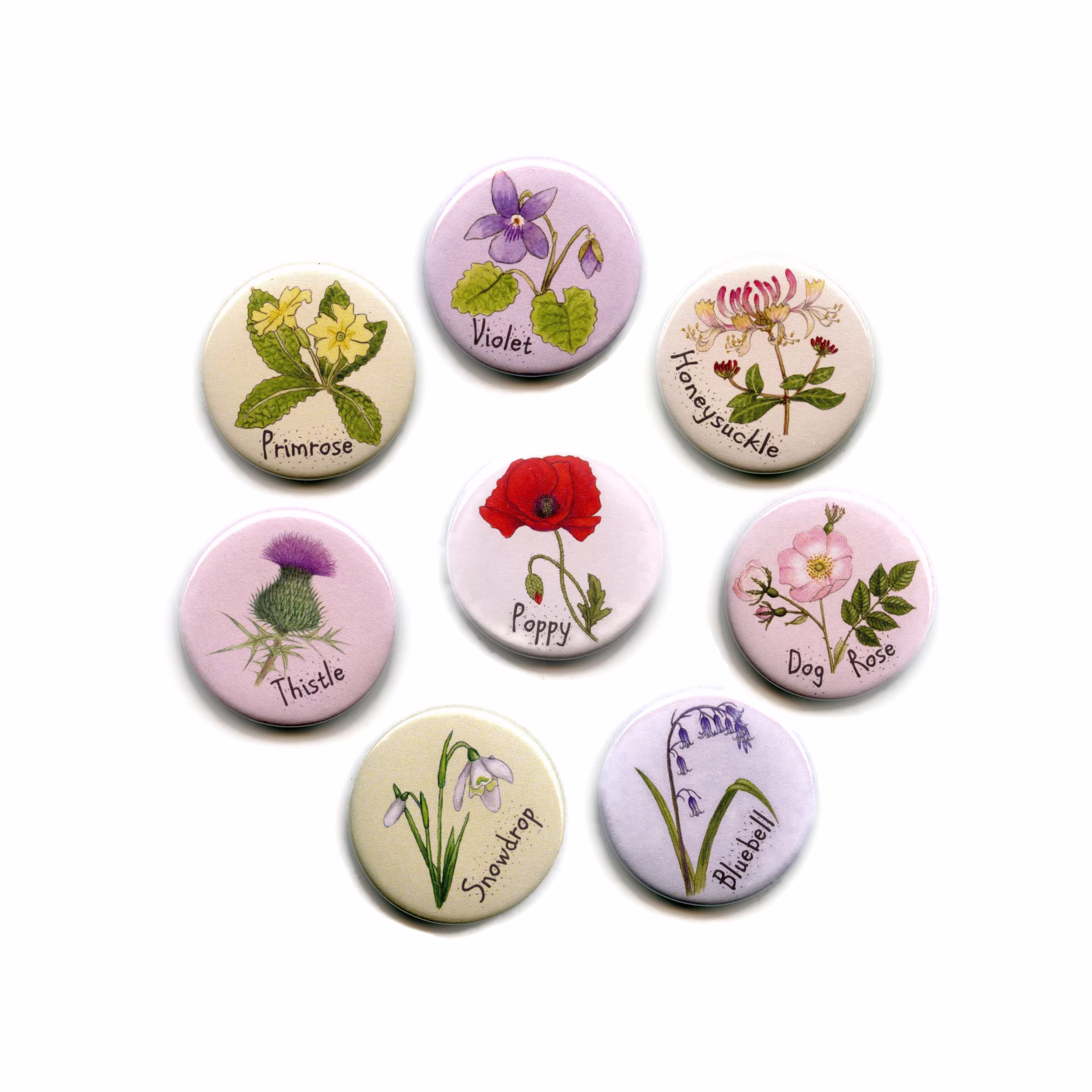 British Wild Flowers Fridge Magnets, Set Of Eight, 38mm Round Button Honeysuckle, Poppy, Snowdrop, Primrose, Violet, Rose, Bluebell, Thistle