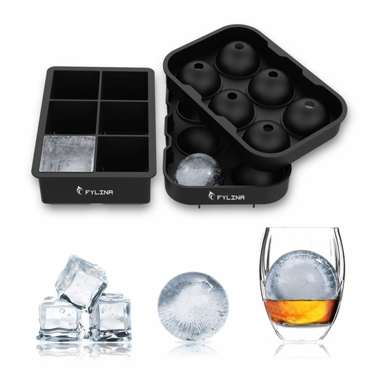 FYLINA Ice Cube Trays (Set of 2) - Black Silicone 6 Giant Ice Ball Cube Maker Use for Kids with Candy Pudding Jelly Milk Juice Chocolate Mold or...
