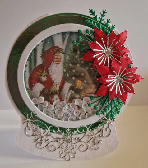 Beautiful Poinsettia Flowers With Santa Image. Snow Globe Shaker Card