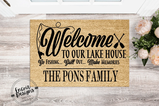 Welcome To Our Lake House Custom Name | Mat Housewarming Gift Funny New Home Closing Winter Seasonal Decor