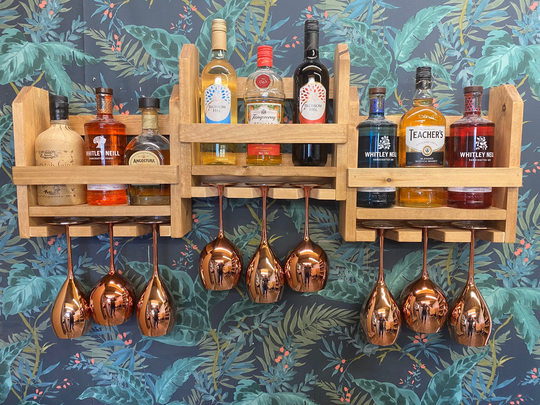 Wall Mounted Triple Section Handcrafted Drinks Rack Home Bar With Glass & Bottle Shelf Solid Pine