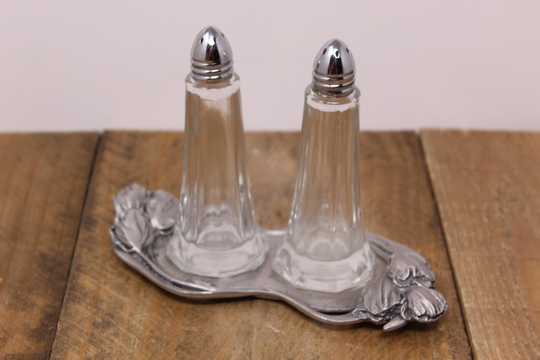 Vintage Glass Salt & Pepper Shakers With Tulip Design Pewter Base