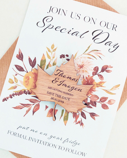 Autumn Save The Dates, Magnet + Cards | Fall Wedding Maple Leaf Shape Save-The-Dates, Custom Magnets Wood Rustic Personalised Std