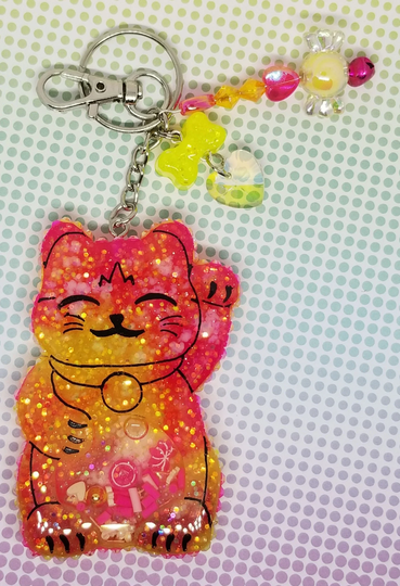 Neon Pink & Yellow Lucky Cat Shaker Keychain Or Backpack/Purse Clip