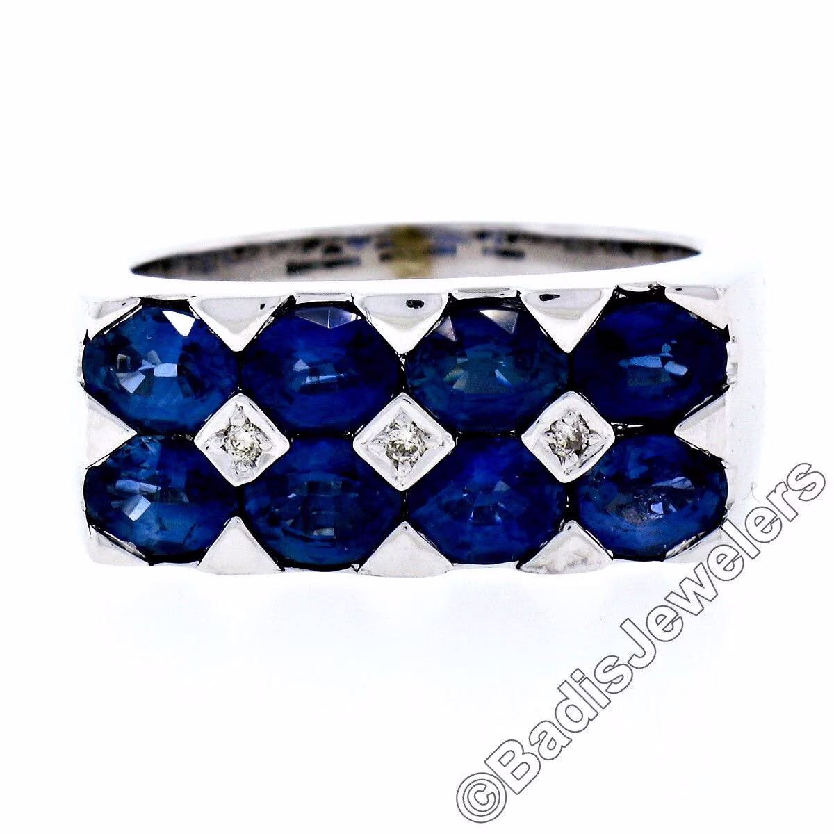 Estate 18K White Gold Large 4.03Ctw Oval Cut Bar Set Dual Row Sapphire & Round Brilliant Diamond Wide Band Ring in Like New Condition